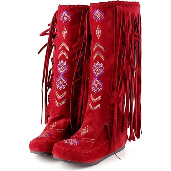 Shoes - 🆕 Red Faux Leather Embroidered Fringe Knee High Cowboy Boots Women’s Western